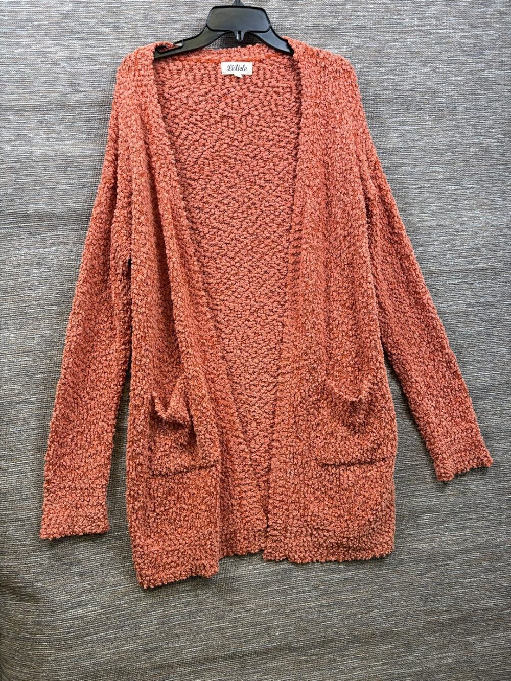 Listicle Open Front Popcorn Knit Chunky Cardigan Sweater Womens Size L Rust Red